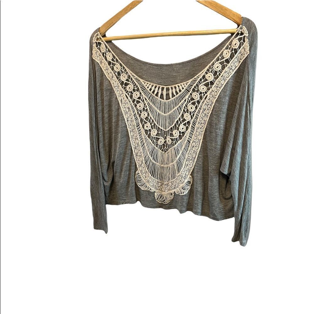 ROBIN K Grey Macramé Open aback Cropped Bat Sleeve Casual Cotton Top S